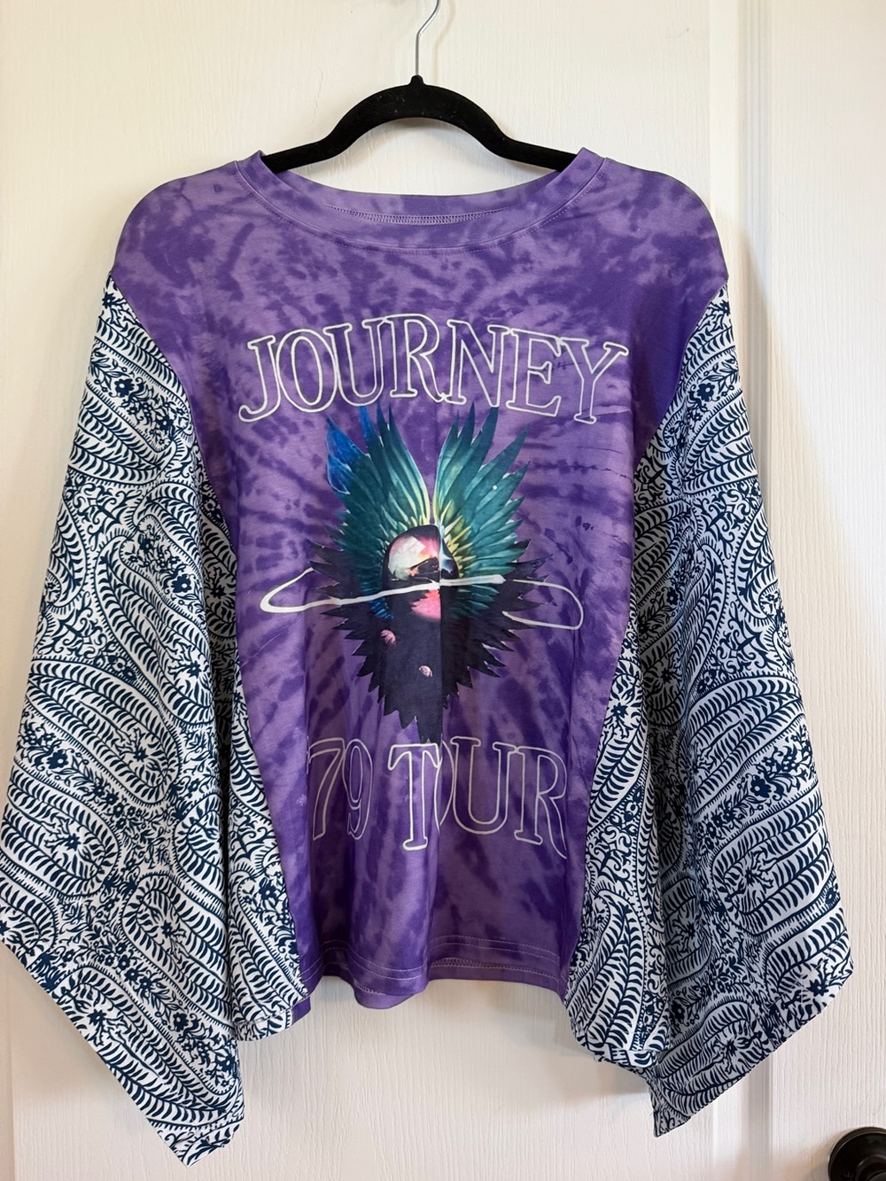 Upcycled Purple Tie-Dye 'Journey' Graphic Pullover Top with Printed Bell Sleeves
